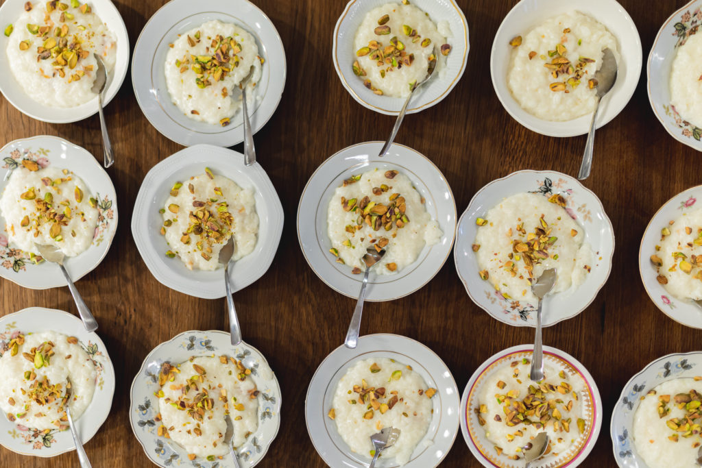 Rice pudding topped with pistachios