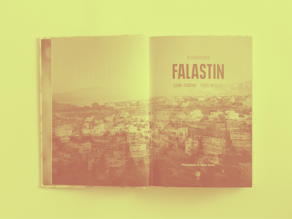 The opening pages of the cookbook Falastin on a yellow background