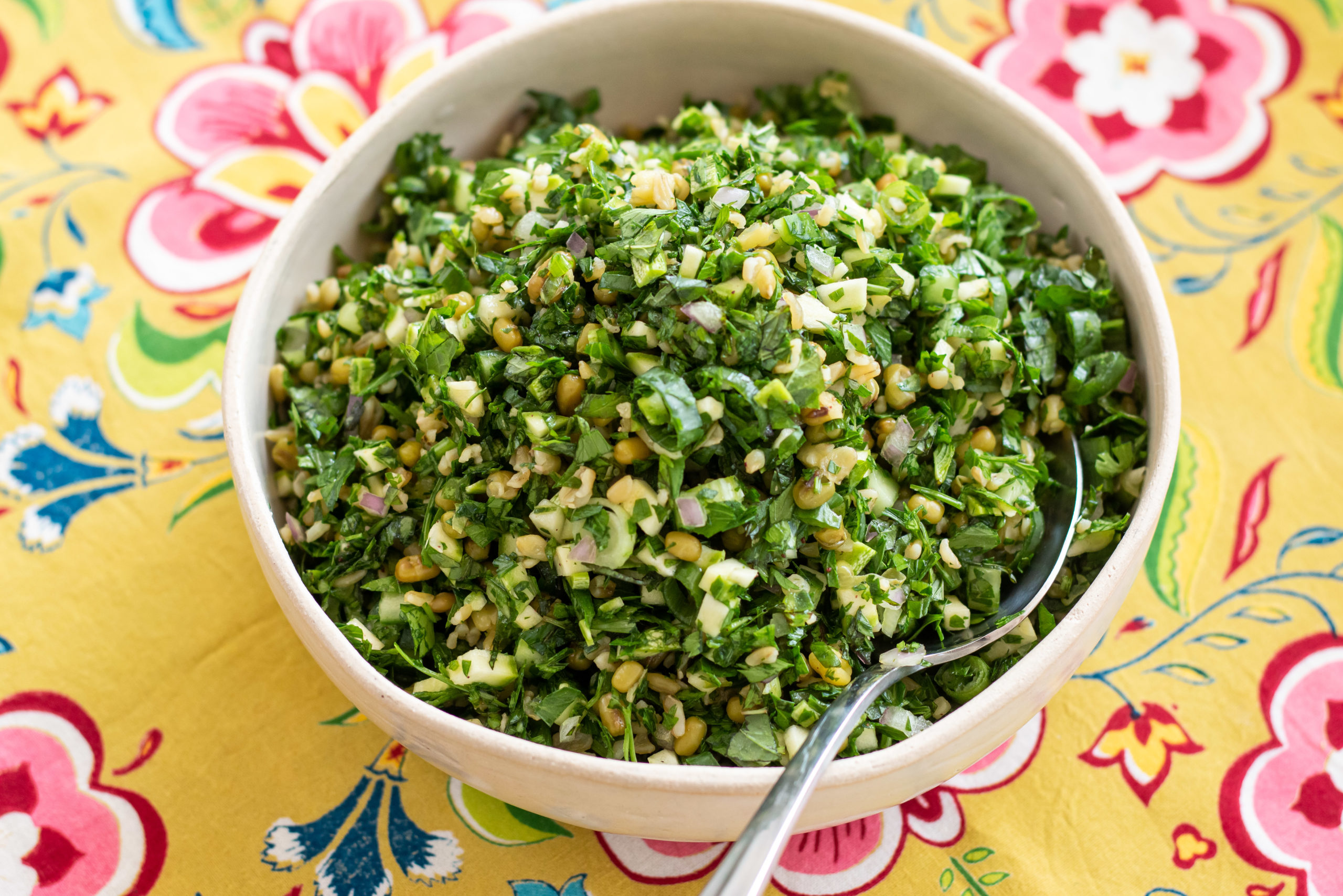Freekeh, mung beans and raw zucchini Tabbouleh with Carob dressing