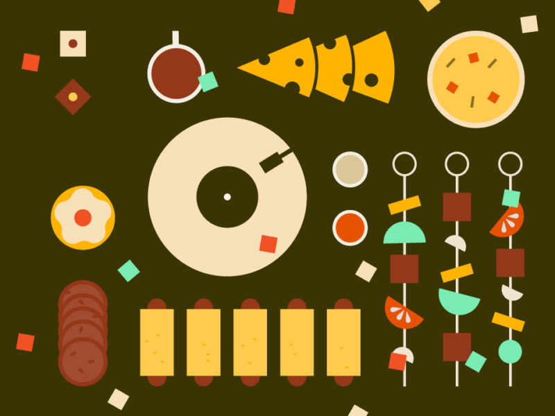 1970's inspired graphic of a turntable, cheese slices and kebabs