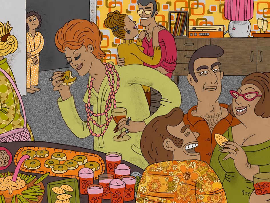 A colorful 1970s illustration of people at a party