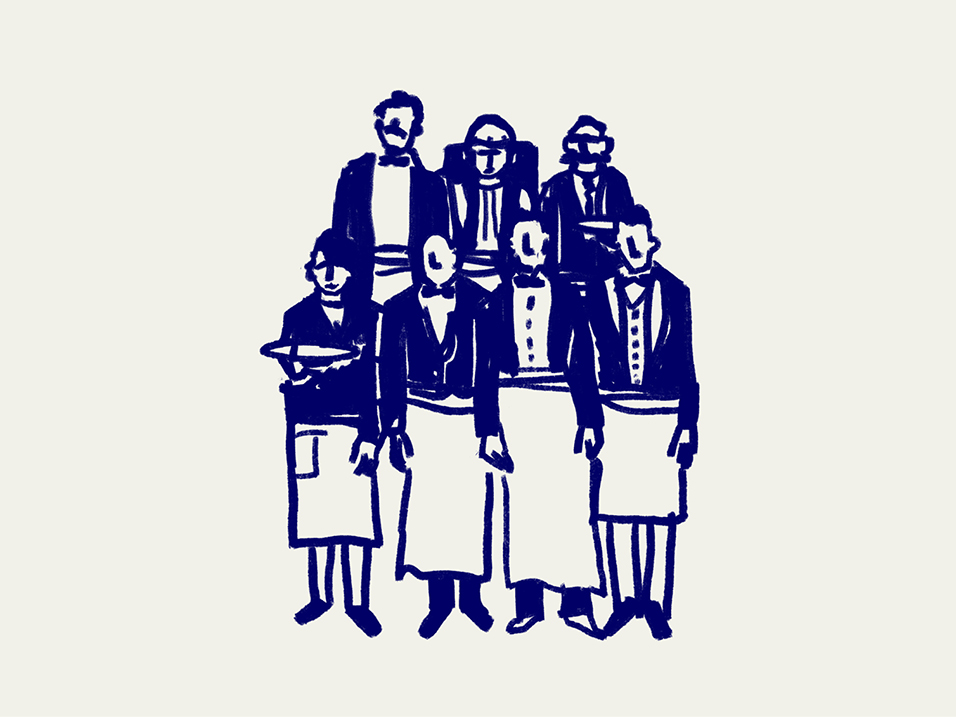 Illustration of waiters in aprons and waistcoats