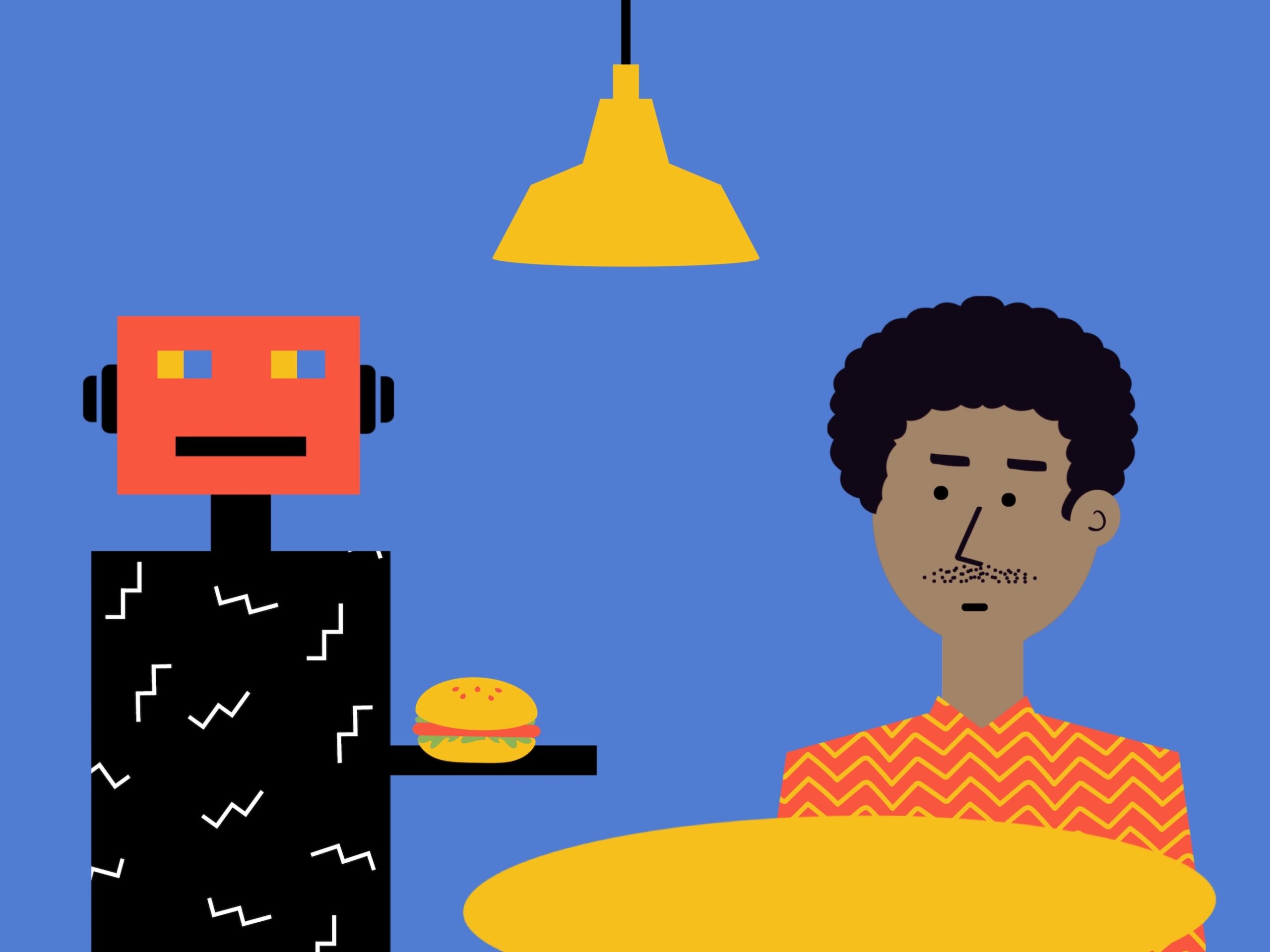 Cartoon of man being served by robot on blue background