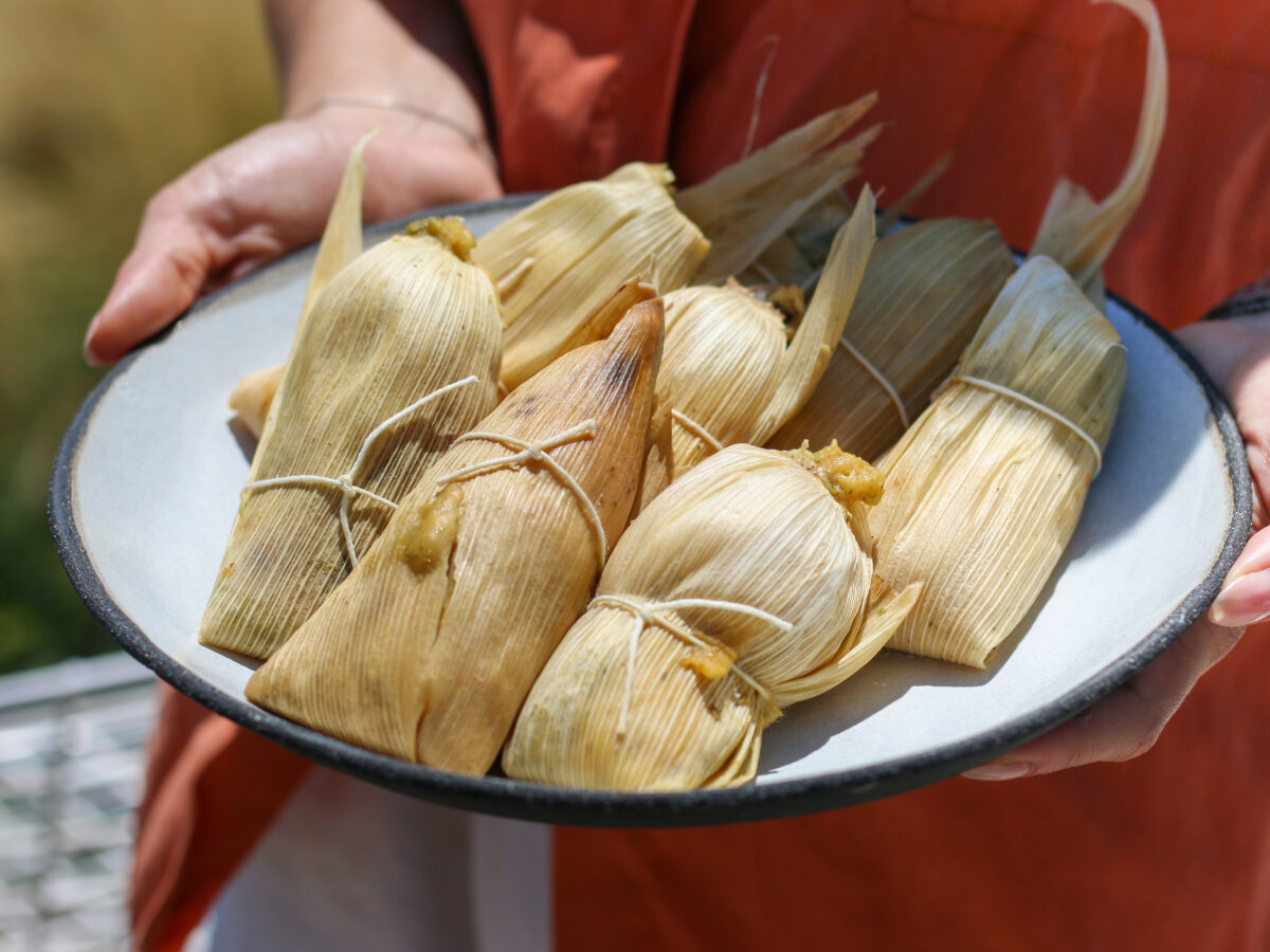 Tamales (packages wrapped in corn husks) on ceramic plate