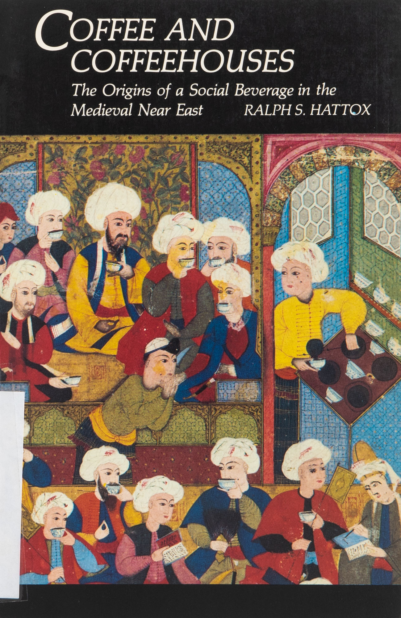 Book cover with East Asian painting of people wearing turbans sipping coffee