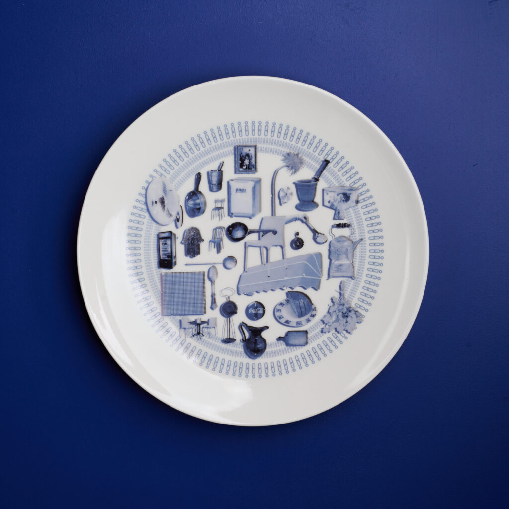 Blue and white plate on blue background