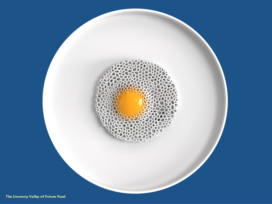 White plate with art that looks similar to a fried egg