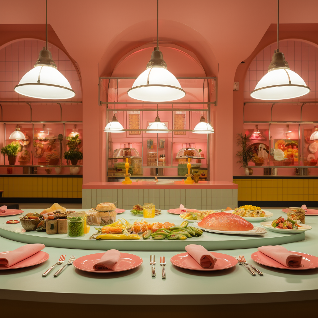 restaurant from the future with pink and teal motif
